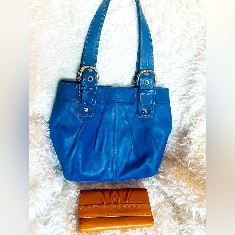 Gorgeous Blue Leather Coach Purse and Tan leather Wallet. Last chance listing!